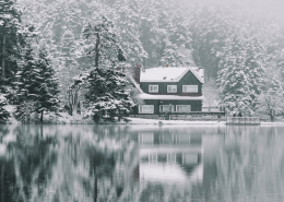 A cozy cabin surrounded by snow-covered pine trees sits at the edge of a still, reflective lake in Coeur d'Alene. Fog blankets the forest, creating a serene and tranquil winter scene that's perfect for Cozy Lakefront Vacation Rentals.